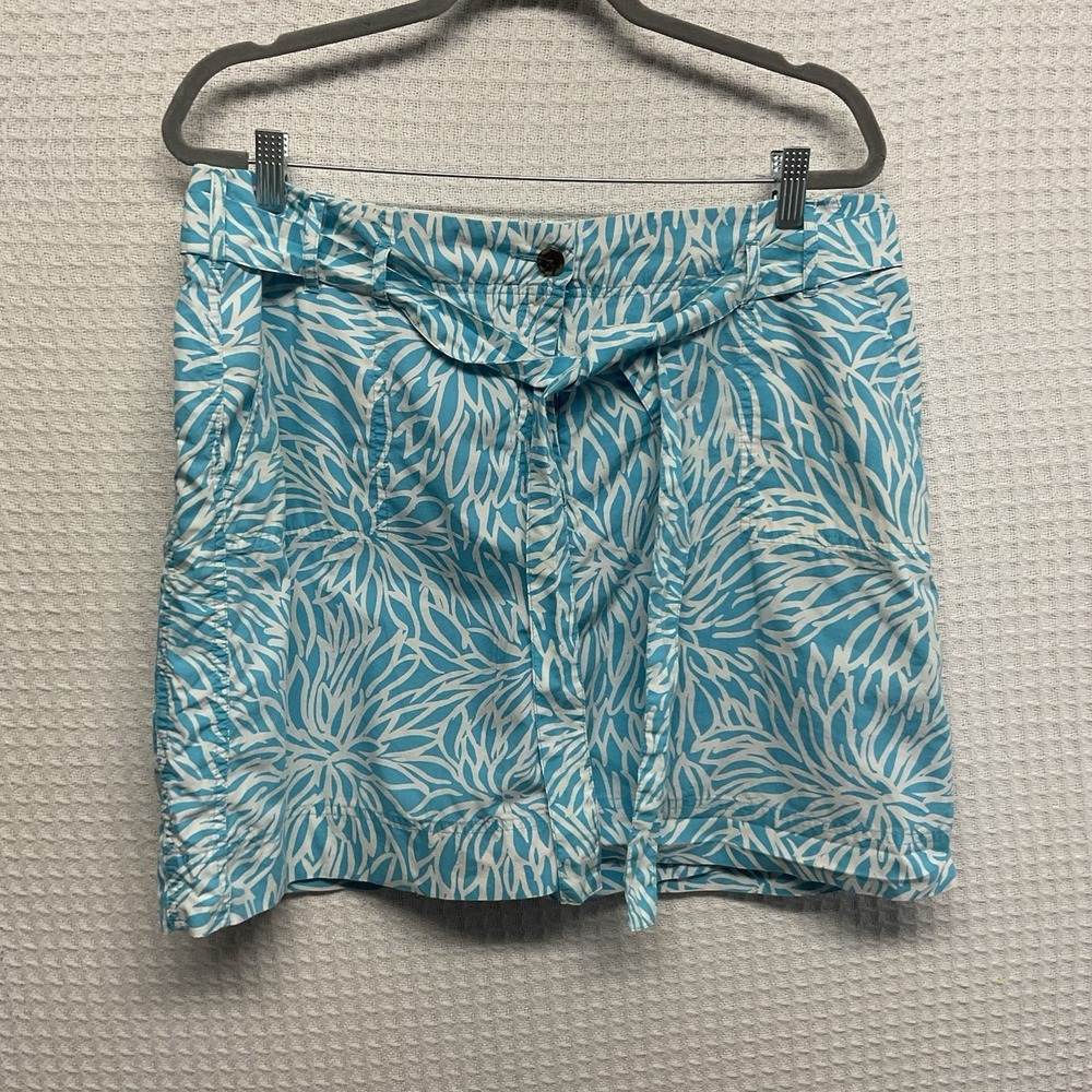 Lands' End Golf Tennis Skort 16 Blue White Floral 100% Cotton Belted Pickleball